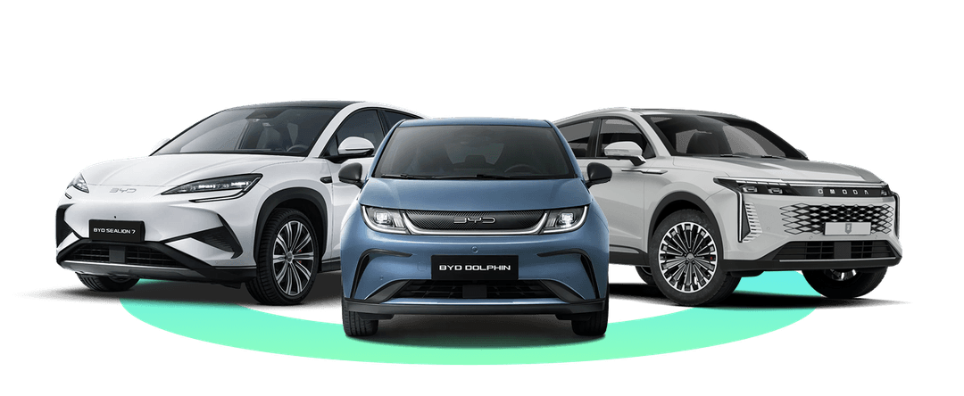 A BYD Sealion 7, a BYD Dolphin and an OMODA on a green platform